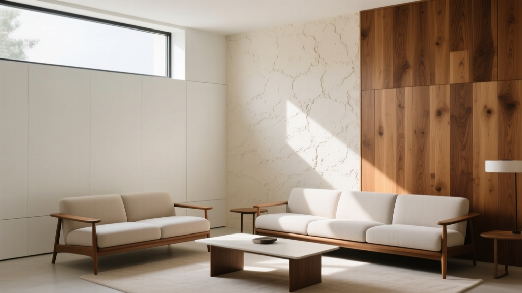 Living room split-view comparing smooth white gypsum board walls on the left with textured plaster and oak paneling on the right