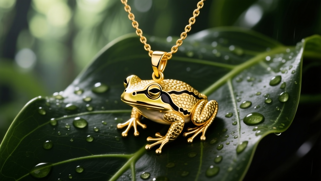 Close-up of a 14k yellow gold Puerto Rican necklace featuring a detailed coquí frog pendant resting on dark green tropical leaves