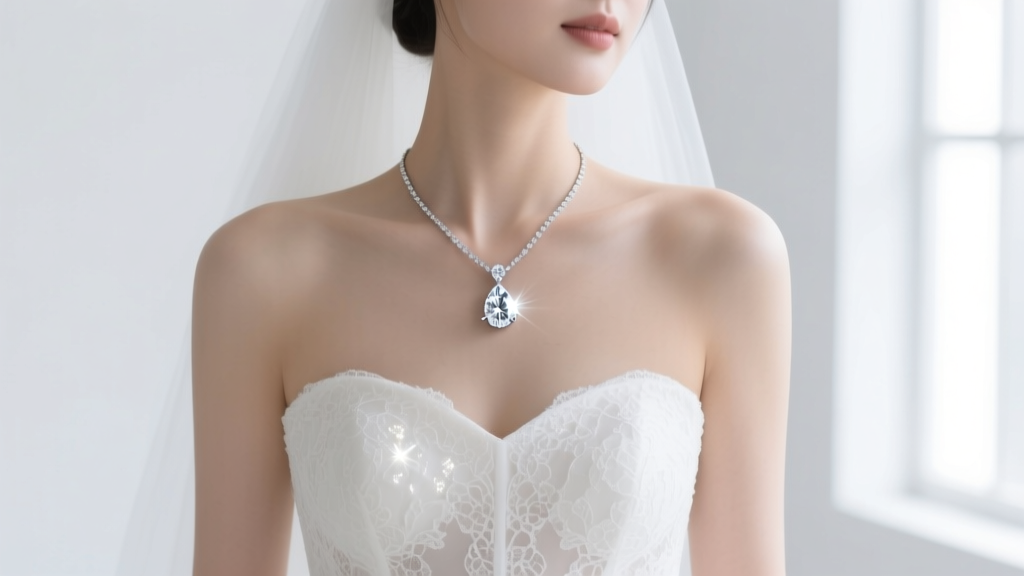 Elegant bride wearing an 18-inch platinum pendant necklace with a pear diamond against a white strapless sweetheart wedding gown.