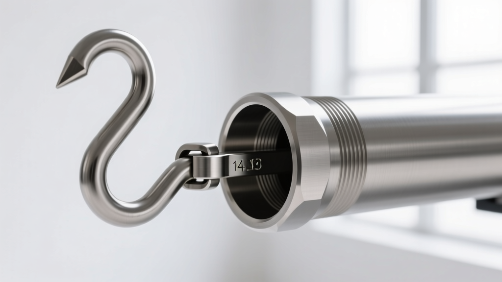 Side view of a 14-gauge stainless steel shepherd hook clasp inserted into a tube receiver, showing the secure locking mechanism.