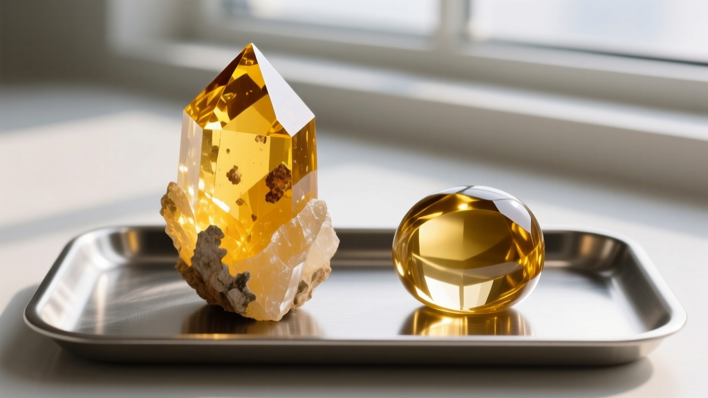 Close-up of a jagged raw citrine point next to a smooth polished tumbled citrine stone resting on a steel jeweler's bench block