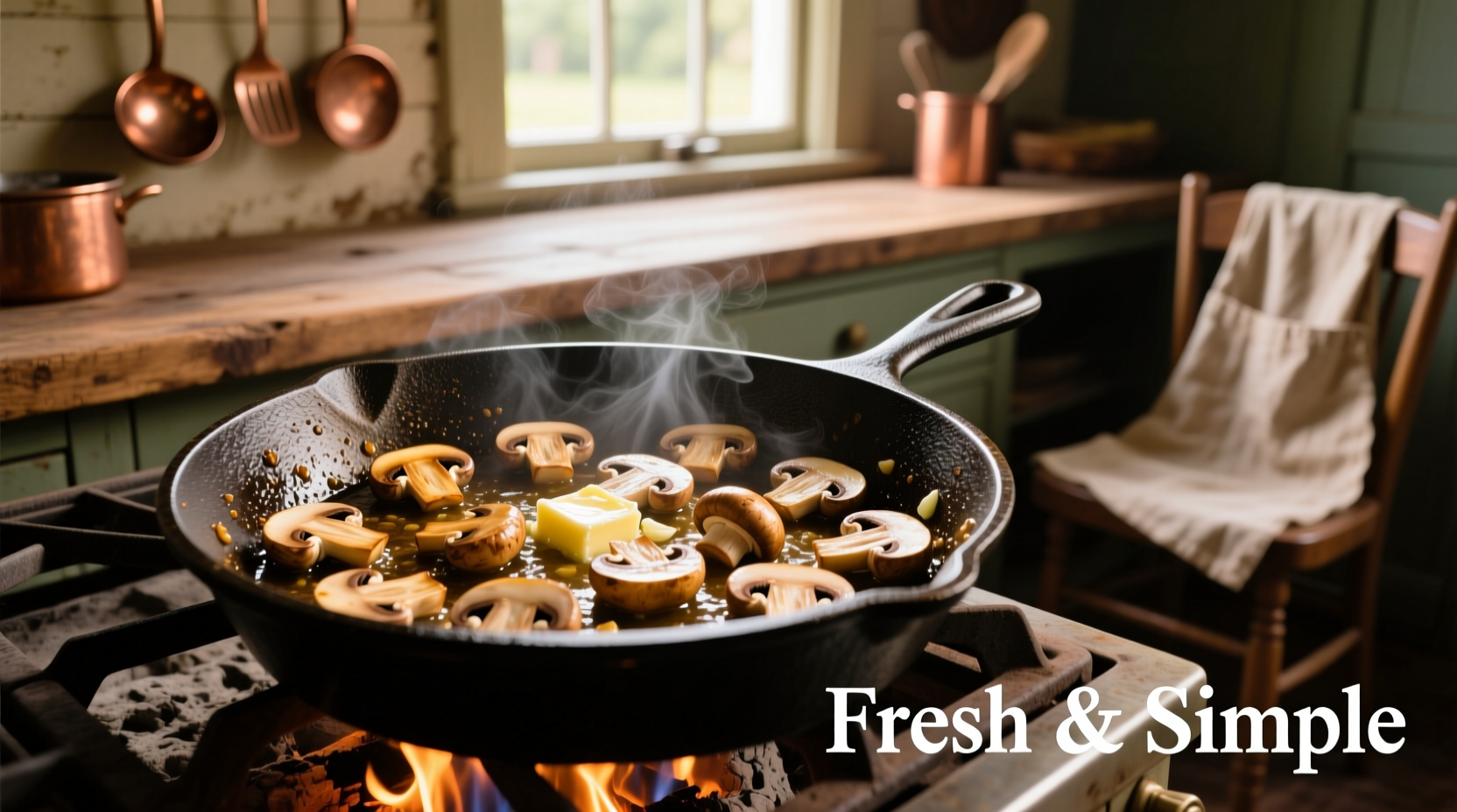 Fresh mushrooms sautéed in a cast iron skillet