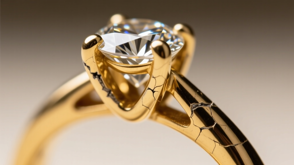 Close-up of a worn 18k gold prong securing a diamond, highlighting thinning metal and the urgent need for professional retipping.