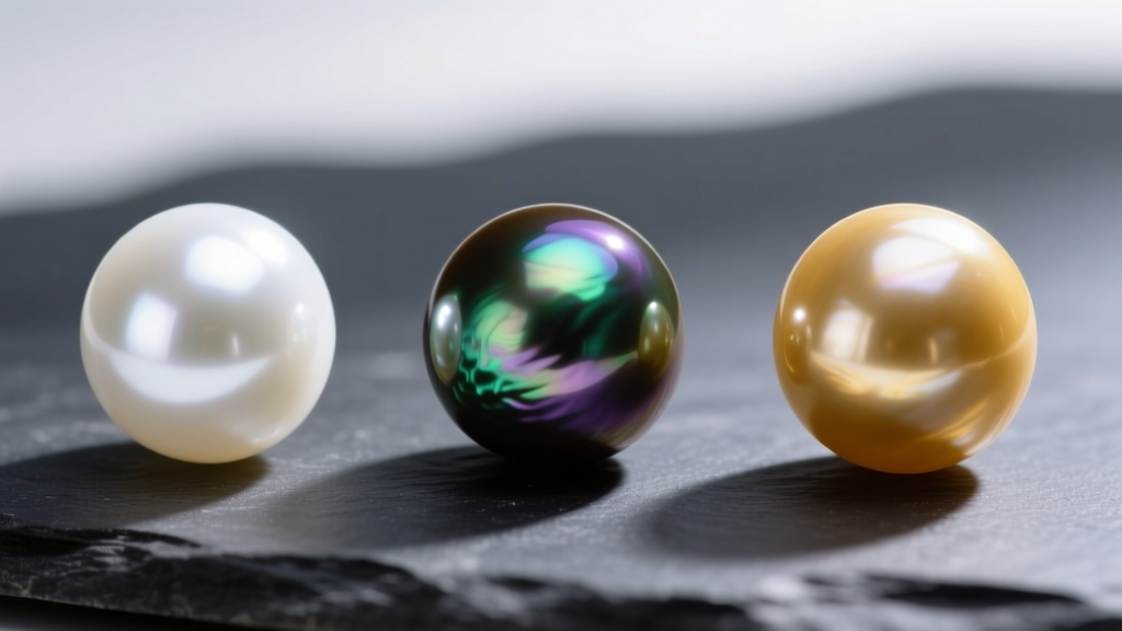 Side-by-side macro comparison of a white Akoya pearl, a peacock Tahitian pearl, and a golden South Sea pearl on a slate surface.