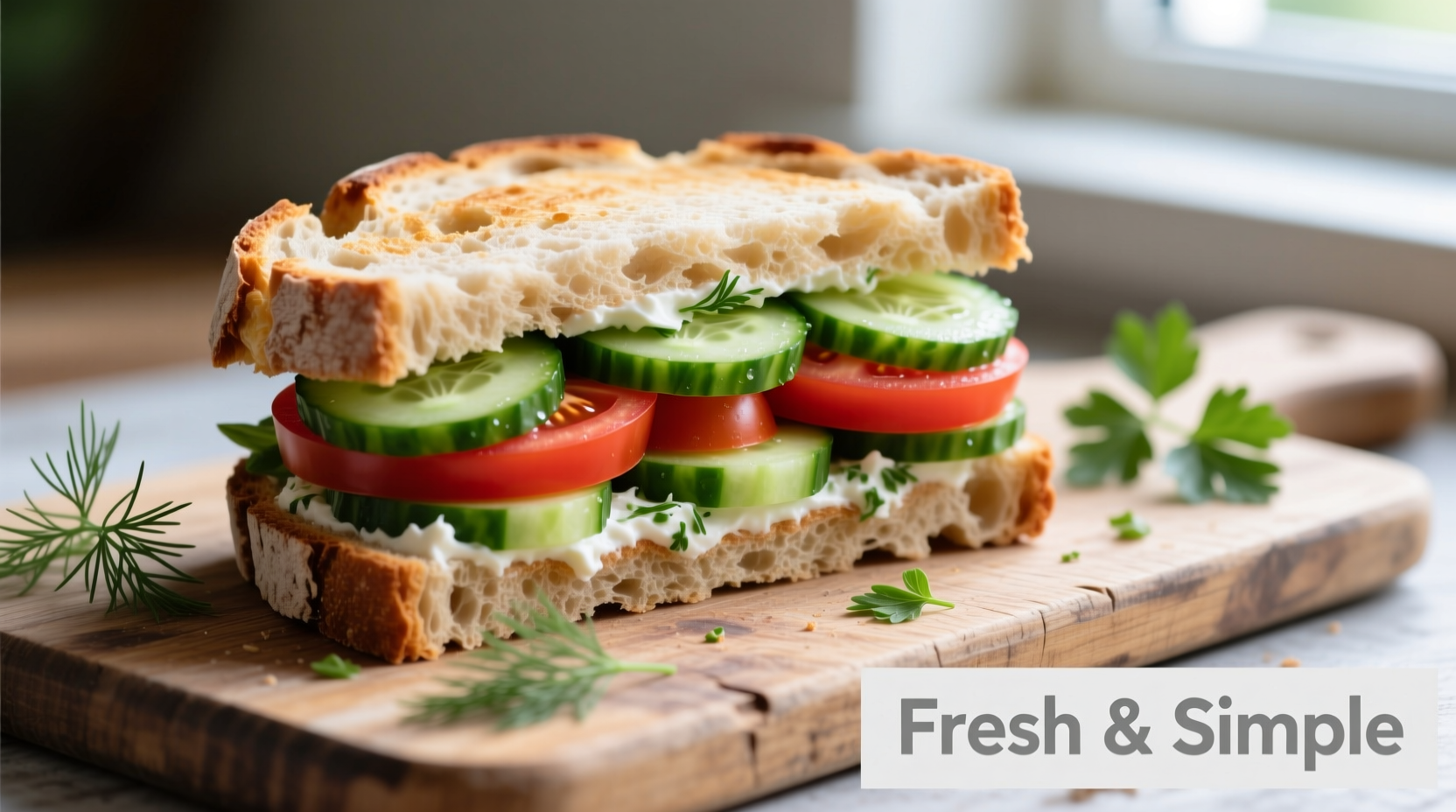 Fresh cucumber and tomato sandwich on rustic bread
