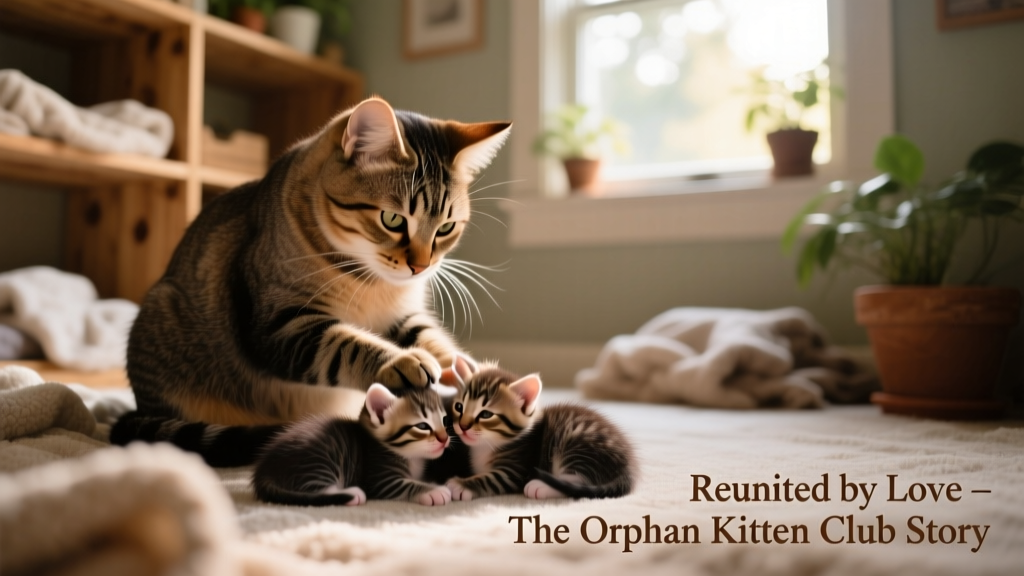 Mother cat Thali gently grooming her reunited kittens in a cozy foster room