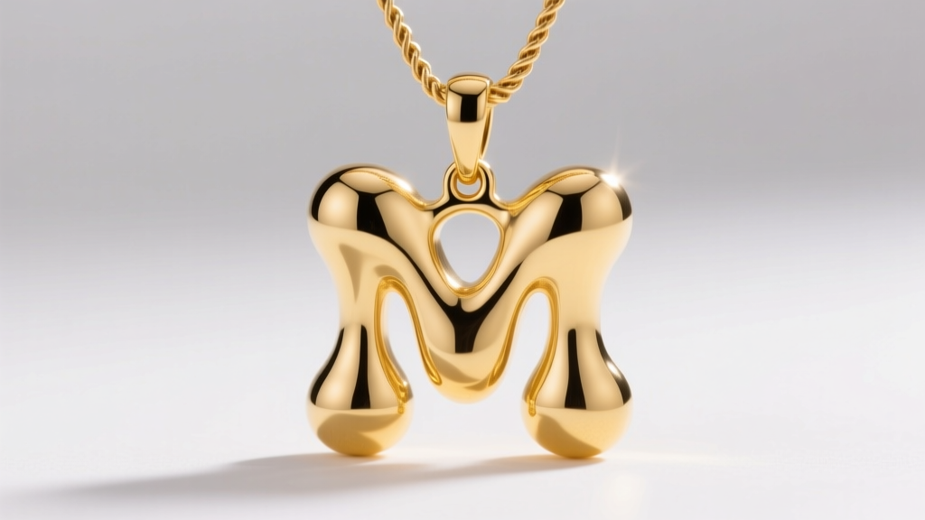 Close-up of a chunky 14k yellow gold hollow-cast bubble letter M pendant on a 3mm rope chain under soft bright studio lighting