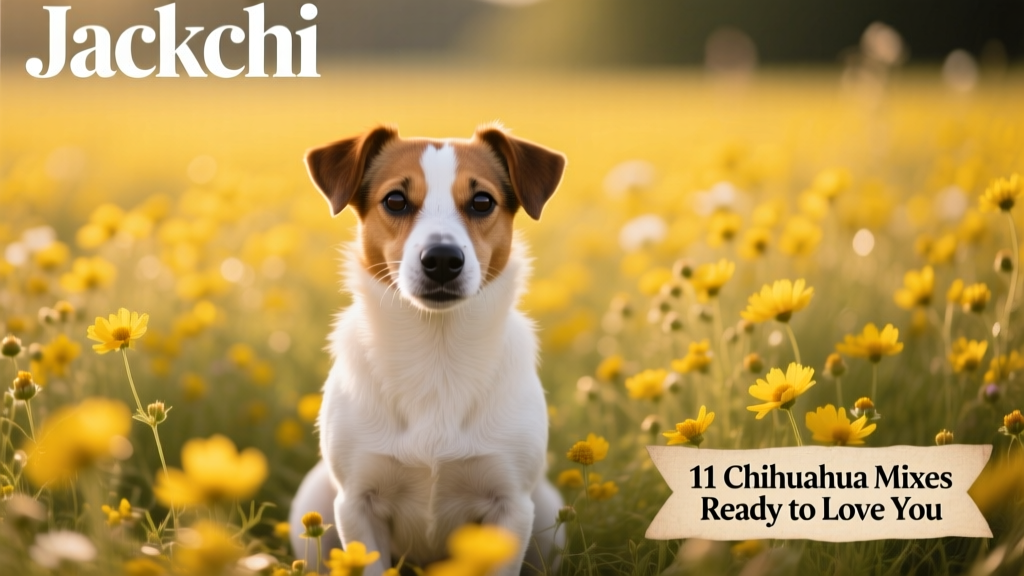 White striped nose Jackchi, Jack Russell Terrier Chihuahua mix, sitting it field of yellow flowers.
