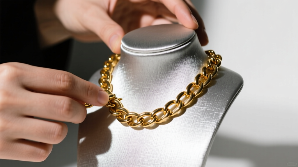 Hands placing a vintage gold chain onto an archival Pacific Silvercloth wrapped T-bar necklace display stand, macro detail shot