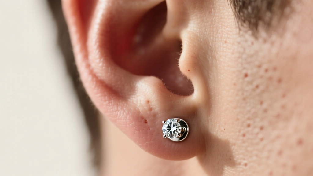 Macro shot of a male earlobe wearing a bezel diamond stud, soft lighting, highlighting a secure platinum screw back mechanism