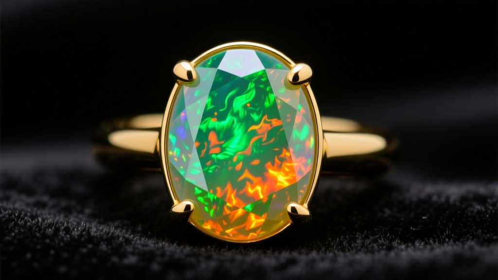 Macro shot of a hydrophane Ethiopian opal cabochon in a 14k gold bezel ring showing vibrant green and orange fire on dark velvet.