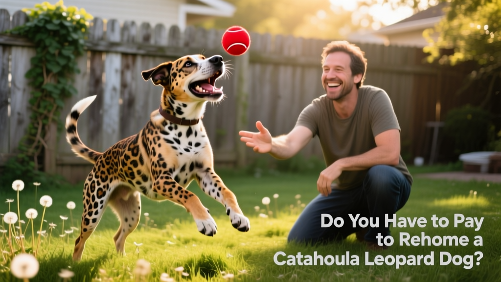 A happy Catahoula Leopard Dog playing fetch in a sunny backyard with their new adopter