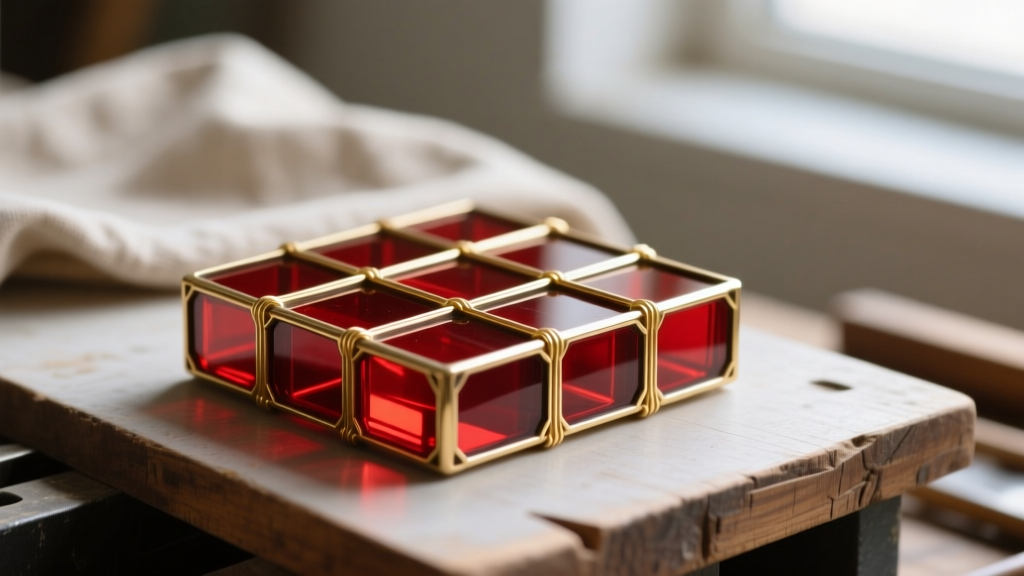 Macro view of vintage cloisonne enamel showing thin wire partitions and vibrant red glass filling the cells on a workbench.