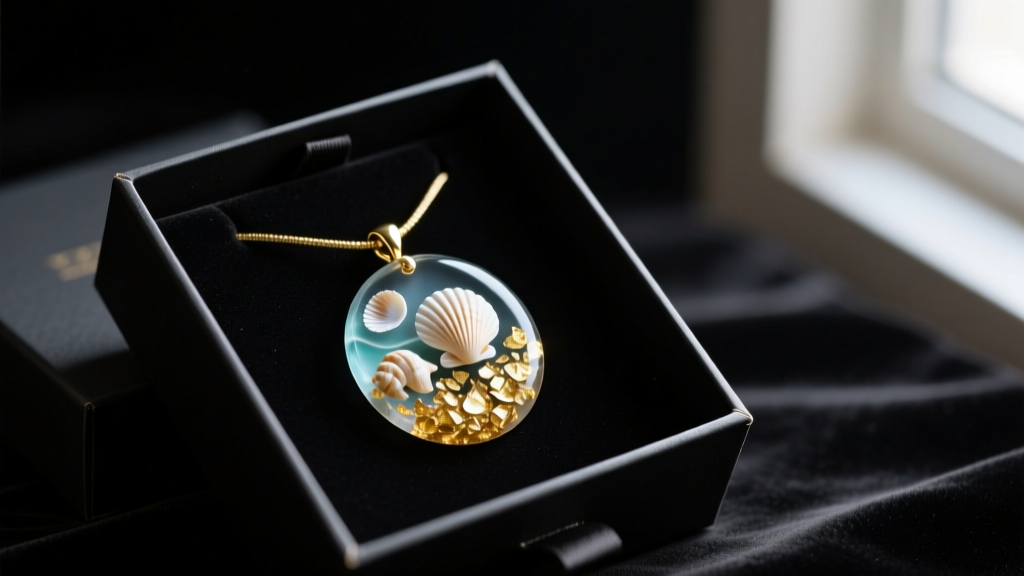 Open gift box revealing a handmade ocean-themed resin pendant on black velvet, featuring crushed shells and gold leaf flakes.