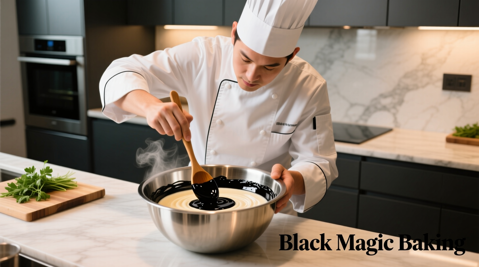 Professional chef mixing black food coloring in a kitchen