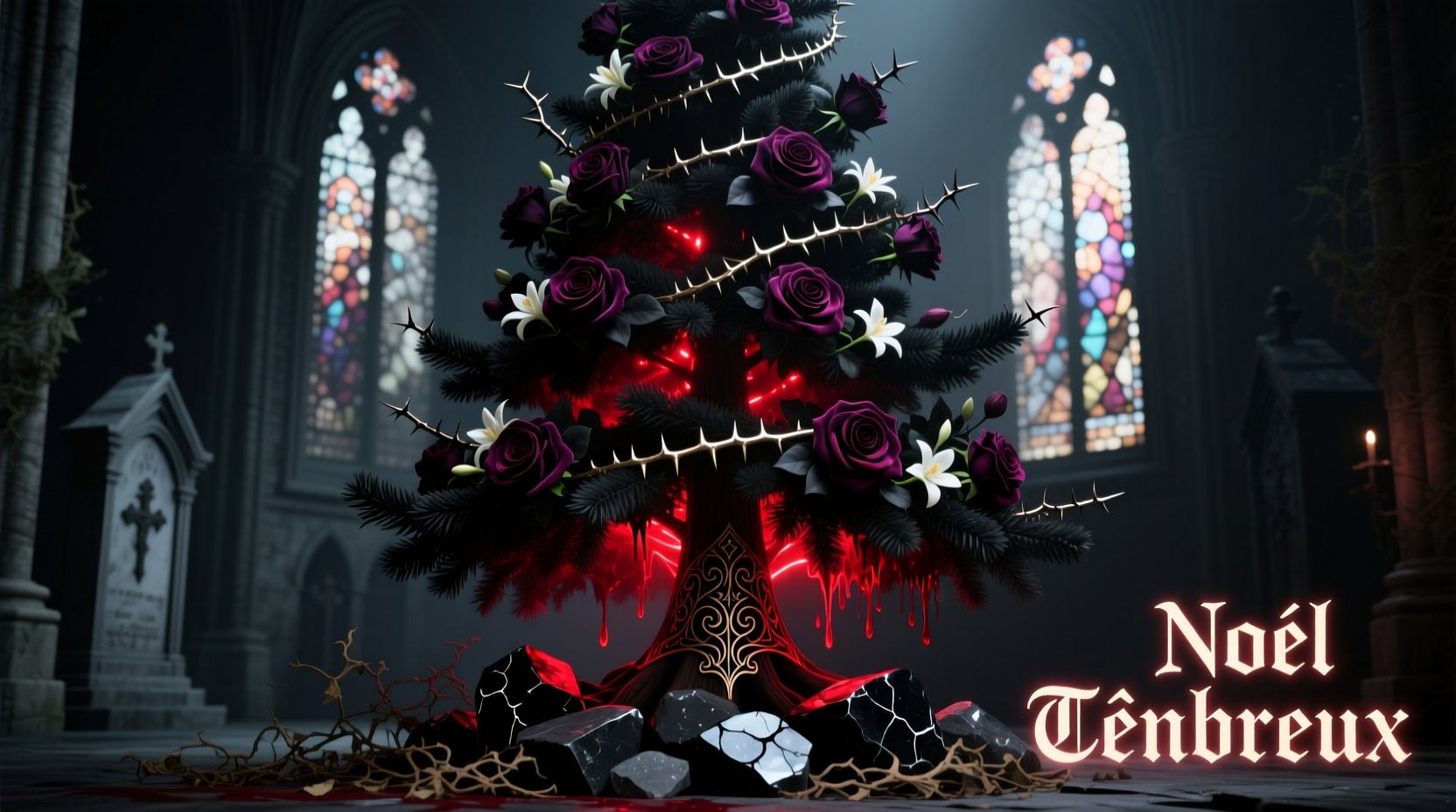 how to design a goth christmas tree with dark florals and crimson lighting