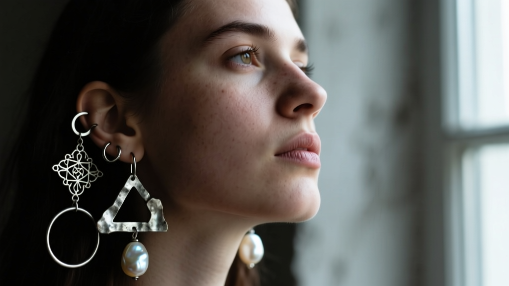 Moody portrait of an indie artist showing a curated ear constellation with mismatched oxidized silver hoops and raw baroque pearls