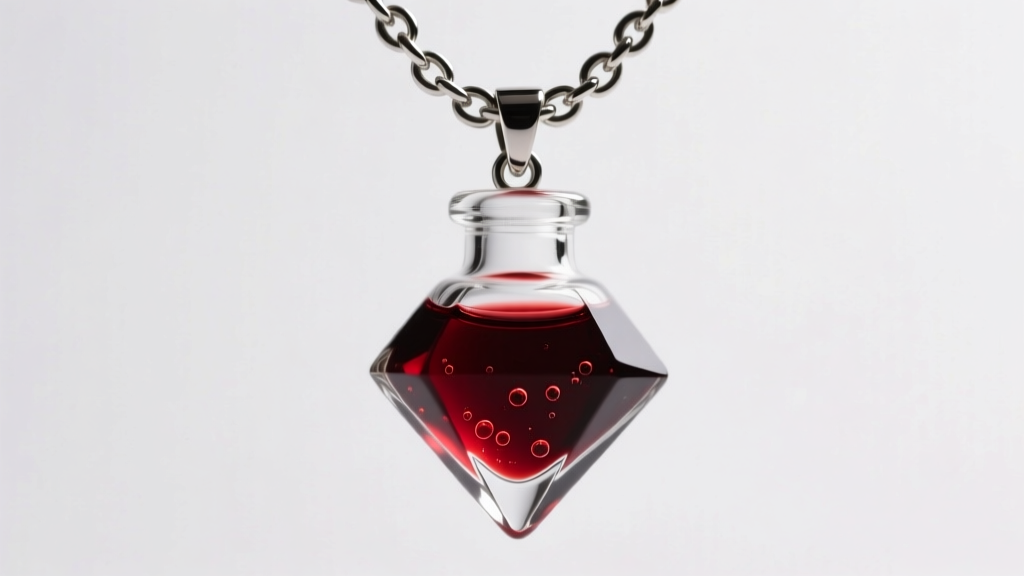 Close-up of a gothic borosilicate glass vial pendant filled with deep red liquid on a thick 14-gauge sterling silver rolo chain