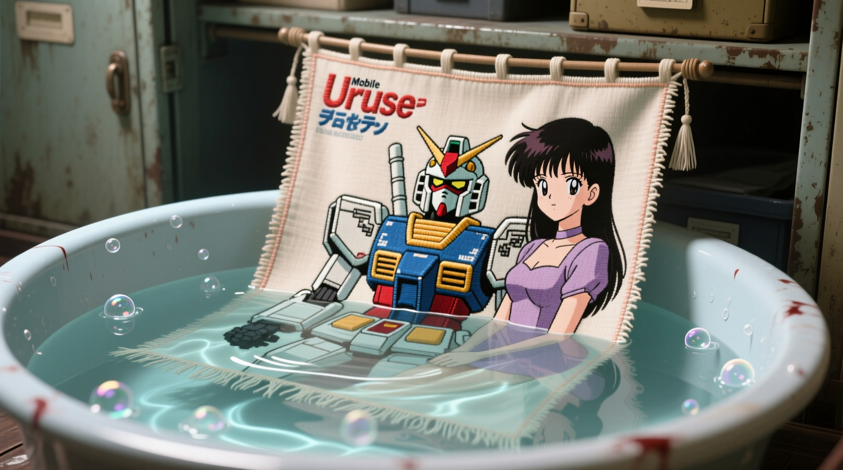 clean vintage anime tapestry without bleeding dyes