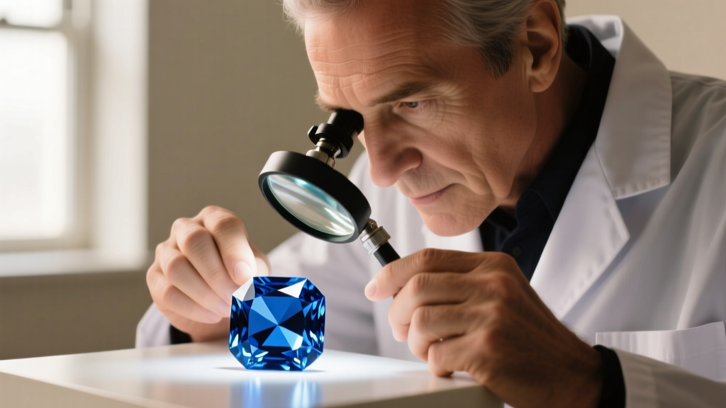Jeweler inspecting a cushion-cut sapphire girdle with a loupe, specialized gemological lighting illuminating the stone