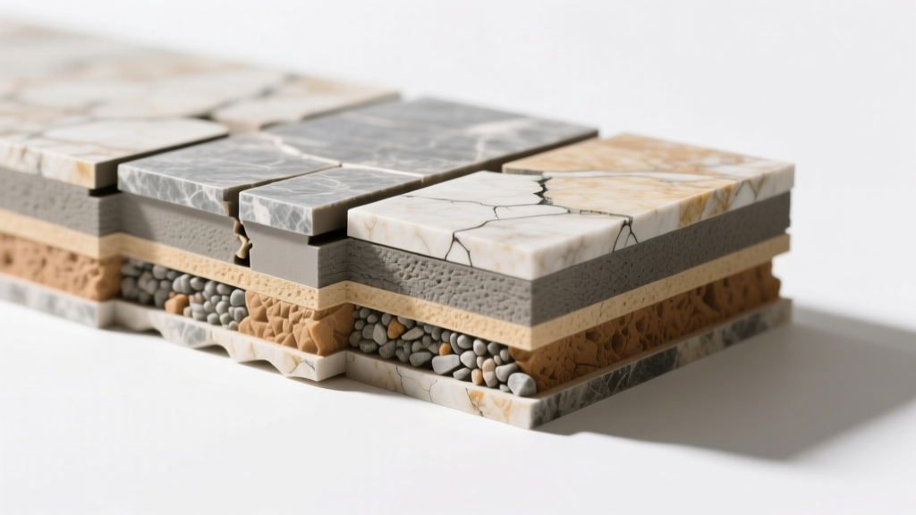 Cross-section of polyurethane faux stone veneer panels showing interlocking tongue-and-groove edges and realistic stone textures