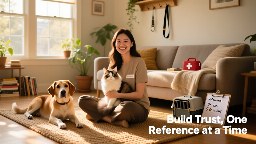 A friendly, trustworthy pet sitter smiling while gently holding a cat and sitting beside a relaxed dog on a sunlit living room floor
