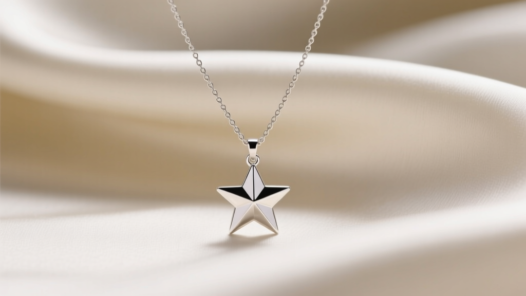 Layered necklace setup with delicate sterling silver six point star pendant on a 1mm cable chain against soft cream silk background.