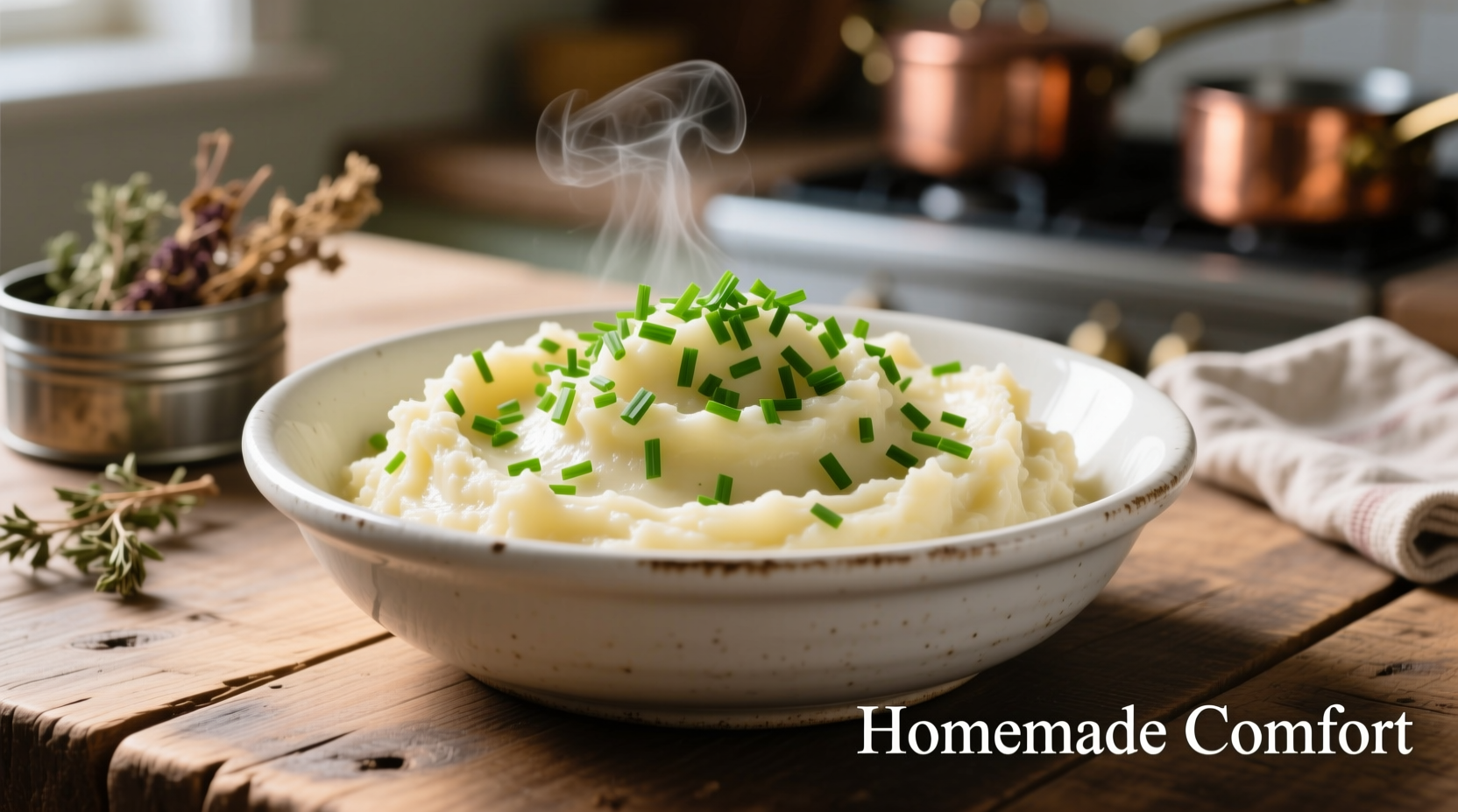 Creamy mashed potatoes in white bowl with chives