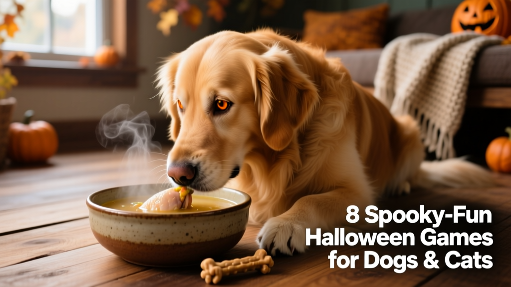 A golden retriever gently dipping its nose into a bowl of broth to retrieve a treat