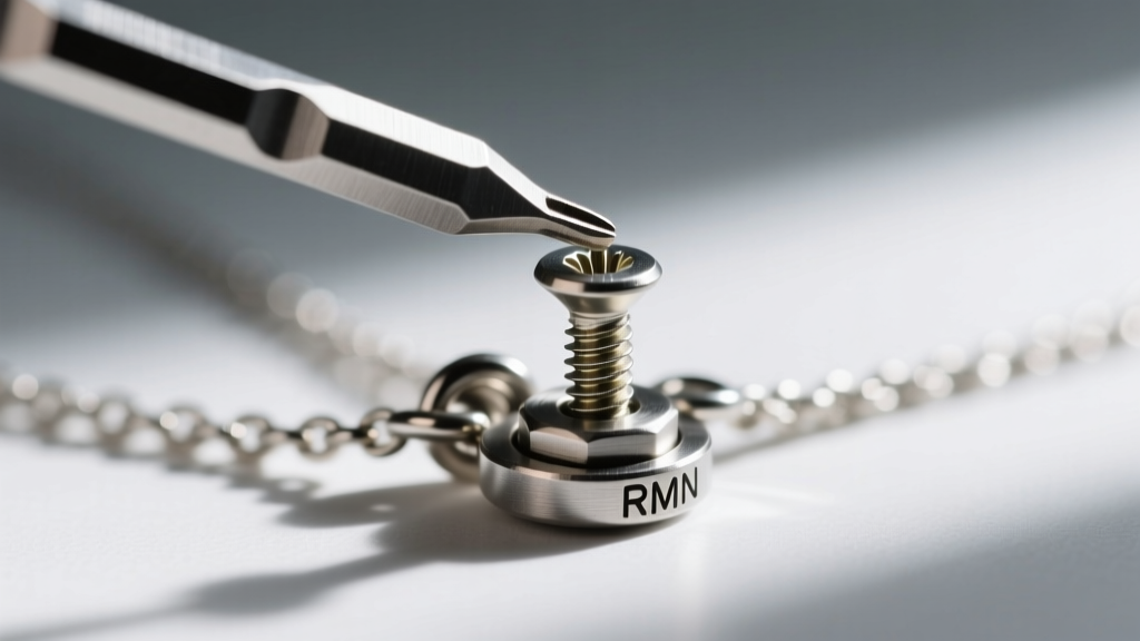 Macro shot of a 1.5mm hex key adjusting the micro-screw on an RMN necklace tension clasp, showing the brushed steel mechanism