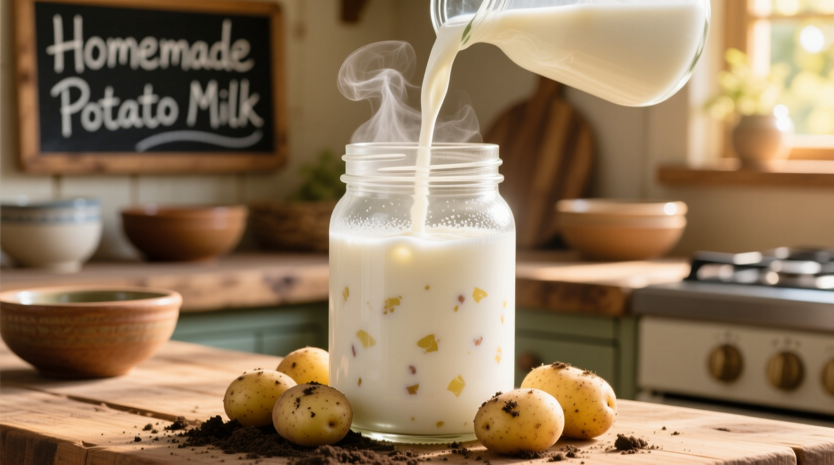 Fresh potato milk in glass with potatoes