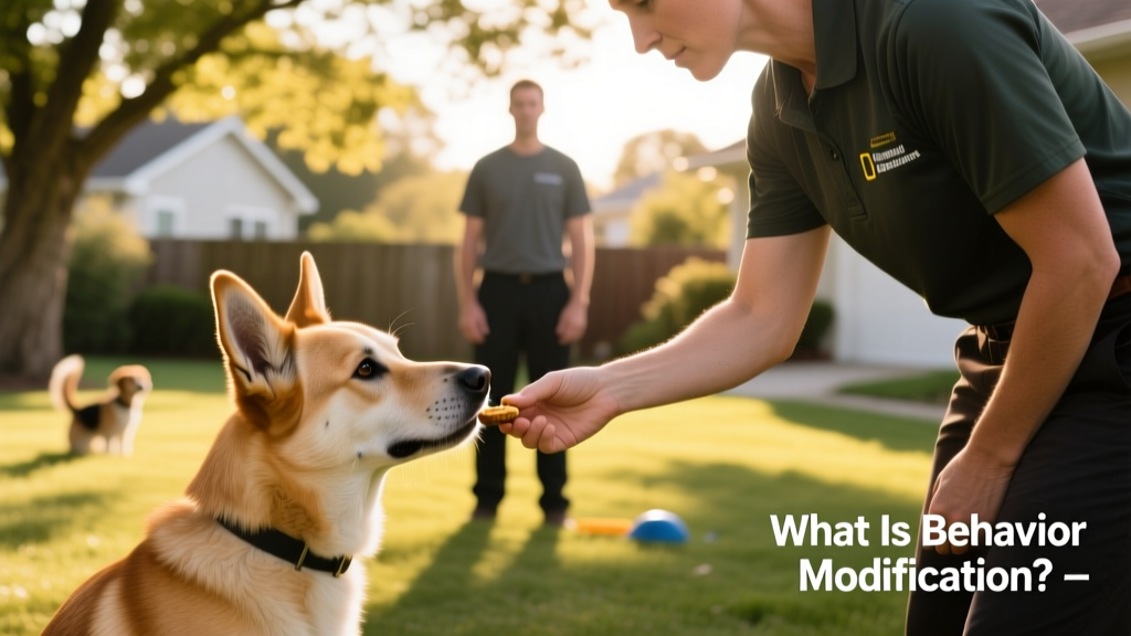 A trainer calmly offering a treat to a dog while a person stands quietly at a safe distance, illustrating counter-conditioning in action