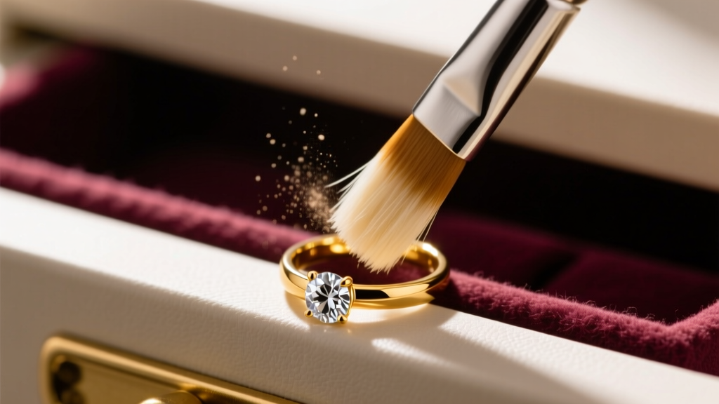 Macro shot of a soft brush cleaning a gold diamond ring before placing it into a felt-lined anti-tarnish storage drawer