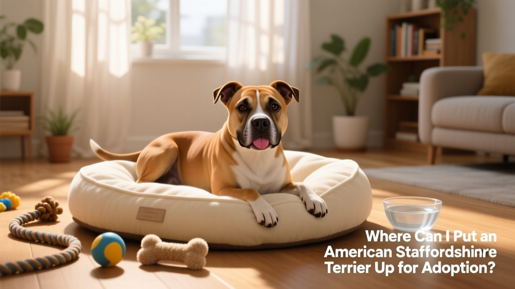 An American Staffordshire Terrier resting comfortably on a soft dog bed indoors, surrounded by toys and a water bowl