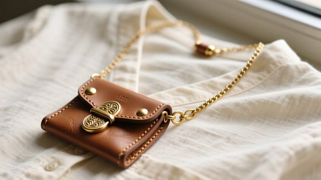 Medicine pouch necklace resting on a cream linen V-neck shirt, showing detailed brass hardware and hand-stitched leather edges.