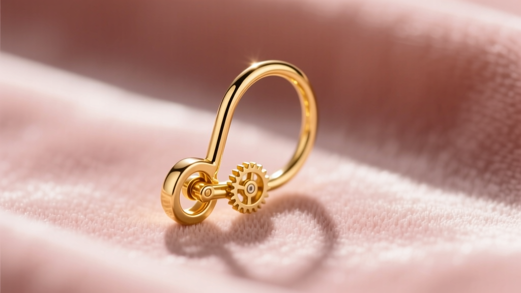 Close-up of a 14k gold ear wire hook with a delicate hinge mechanism, photographed against a soft blush velvet background