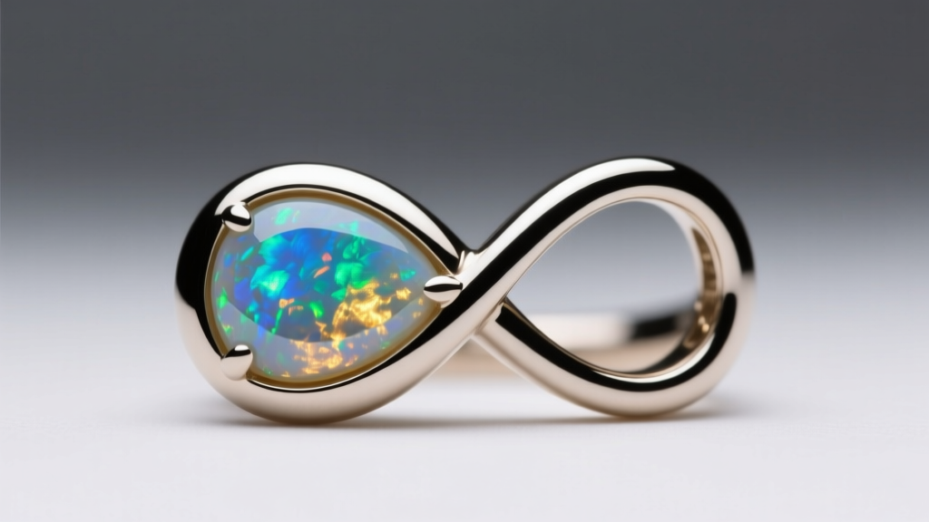 Macro shot of an infinity pendant with a bezel-set opal, showing the smooth metal rim protecting the stone under studio lighting