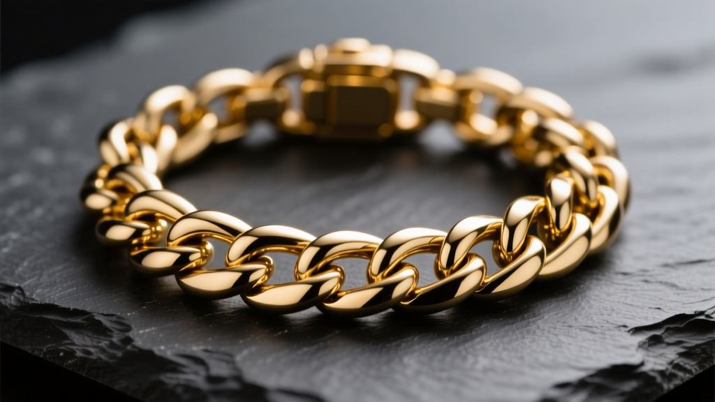 Macro shot of a gold PVD stainless steel Cuban chain on dark slate, showing the mirror finish under soft warm studio lighting.