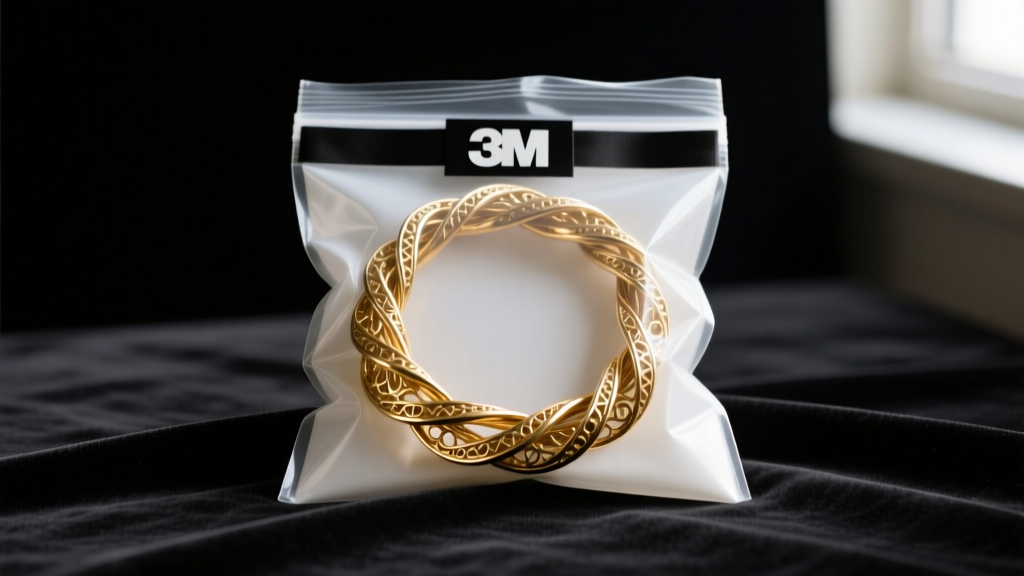 Neatly coiled vintage gold wrap necklace stored inside a sealed anti-tarnish bag with a black 3M strip, resting on dark velvet.