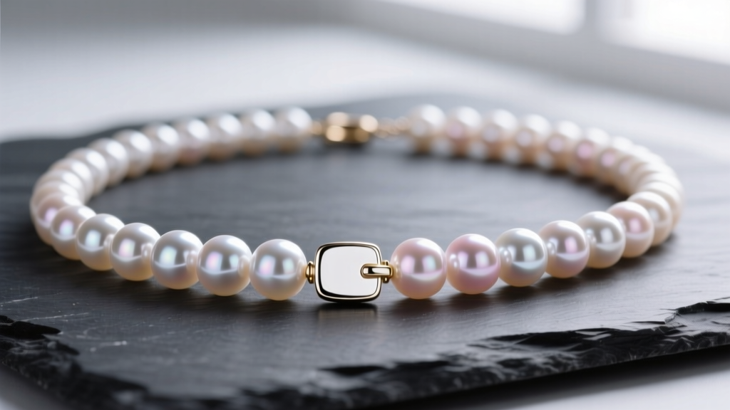 Close-up of an 18-inch Akoya pearl necklace with a 14k white gold clasp on dark slate, highlighting mirror-like luster and overtone.