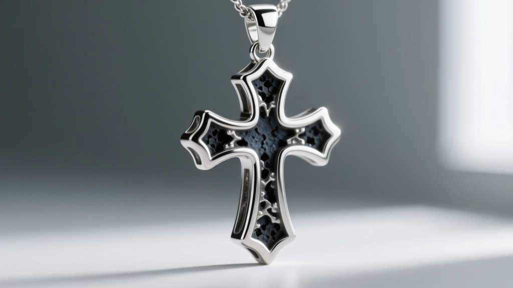 Macro photo of a 925 sterling silver cross pendant showing dark oxidation in crevices and high-polish finish on raised edges