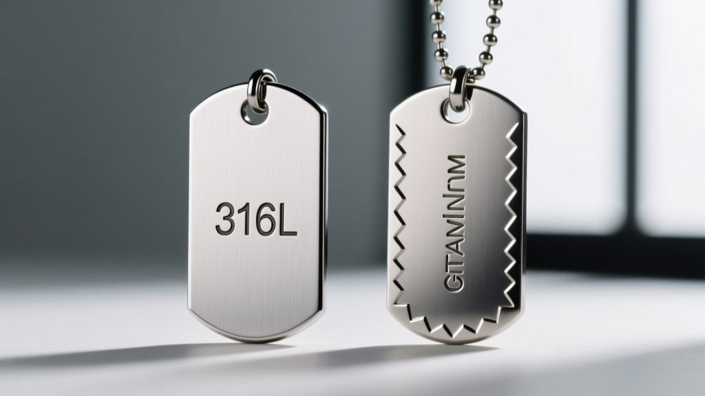 Macro comparison of a stamped 316L stainless steel dog tag and a lightweight Grade 5 titanium tag showing precise edge bevels.