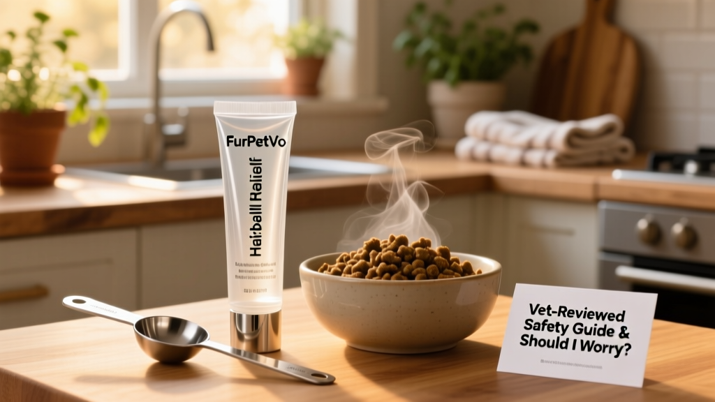FurPetVo Hairball Relief Gel tube next to a measuring spoon and bowl of wet cat food