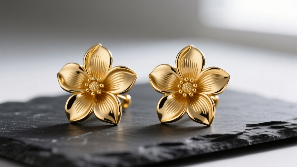 Macro photo of solid gold flower shaped earrings with cast petals on dark slate, soft lighting highlighting fine metal textures.