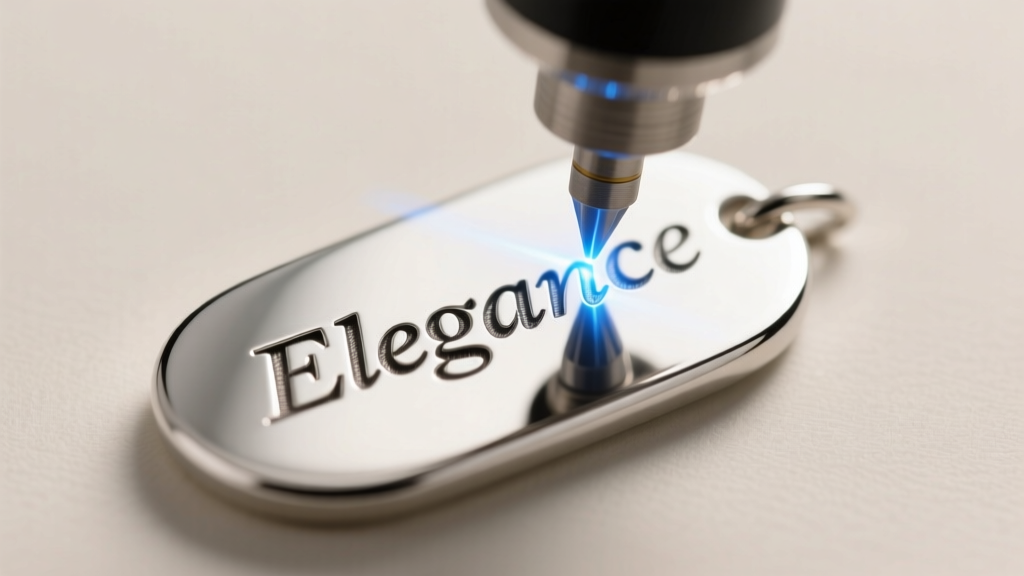 Macro shot of a laser engraving tool etching a delicate serif font into a polished sterling silver cartouche earring blank