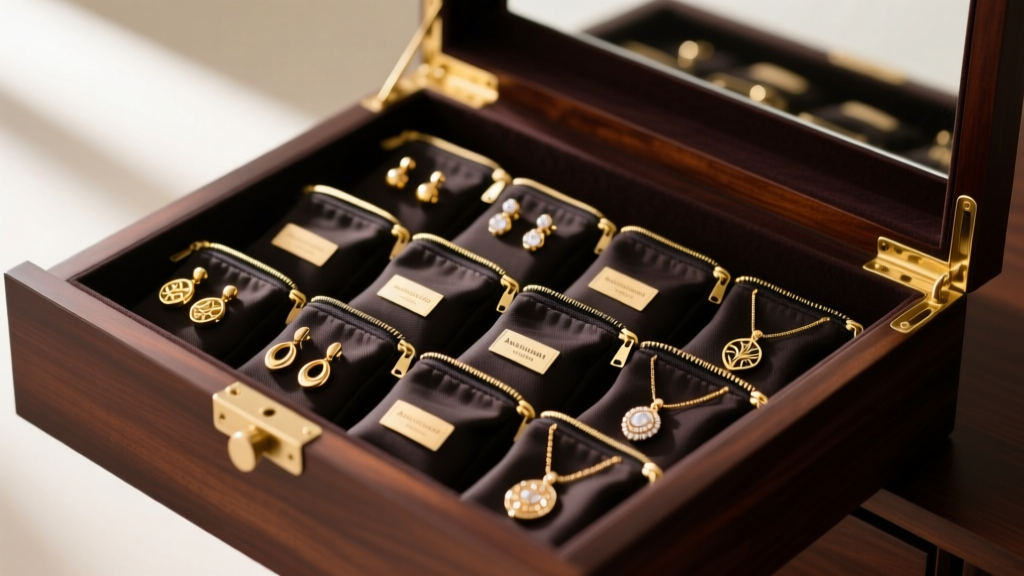 Anti-tarnish zipper bags containing gold-plated earrings and pendants stored neatly inside a dark mahogany jewelry box drawer.
