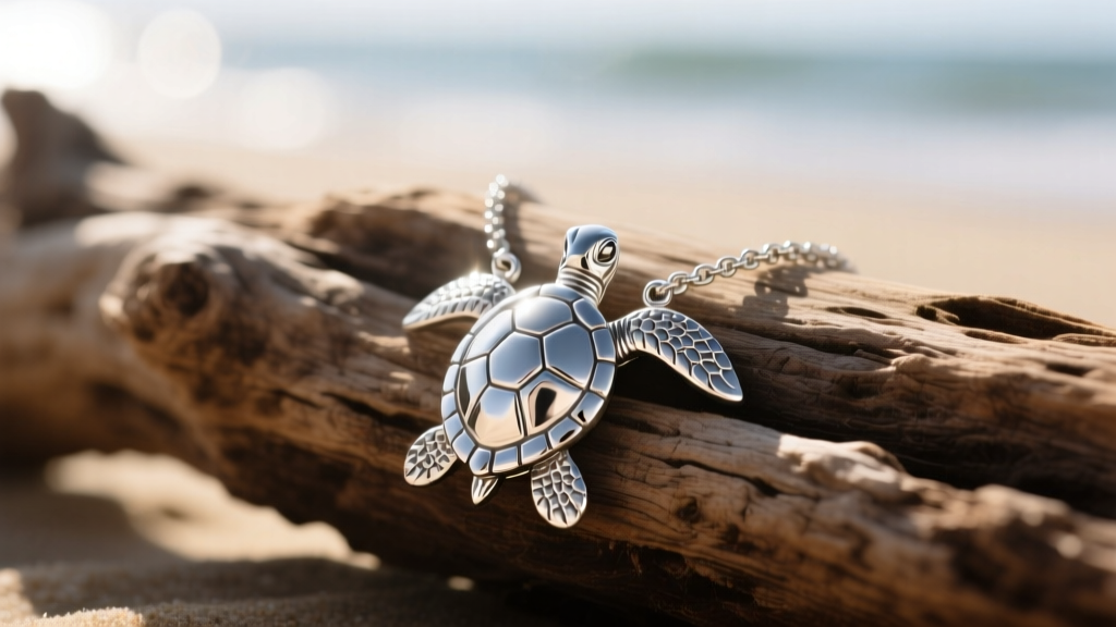 Close-up of a sterling silver sea turtle necklace resting on weathered driftwood, soft sunlight highlighting the textured shell.