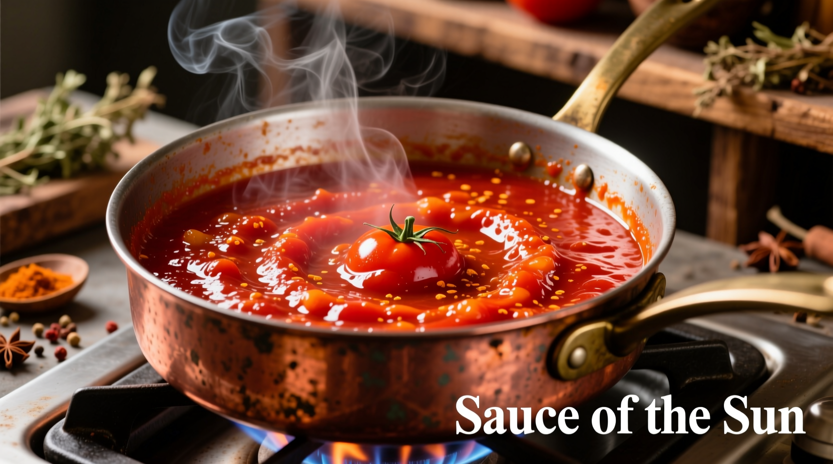 Vibrant red spicy tomato sauce simmering in copper pot
