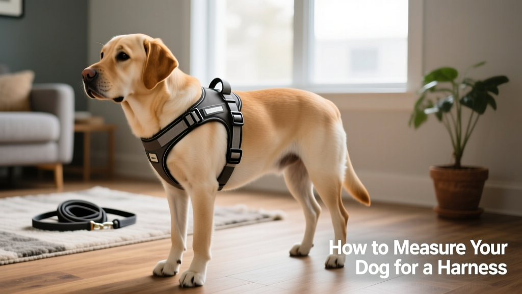 Side view of a dog wearing a properly fitted harness, showing even strap distribution and secure closure