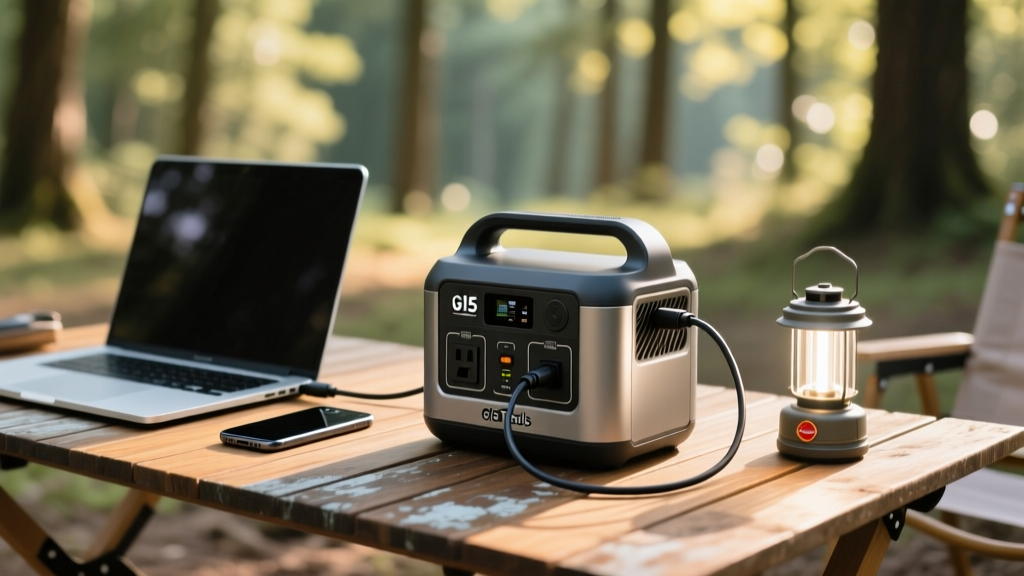G15 Tools portable power station connected to a laptop, smartphone, and LED camping lamp on a wooden table outdoors